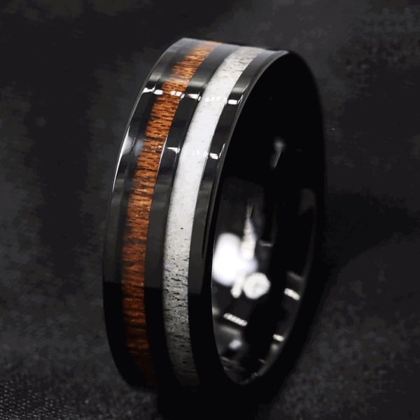 black mens ring with antler and wood inlay for wedding anniversary or engagement in 8mm tungsten in all sizes