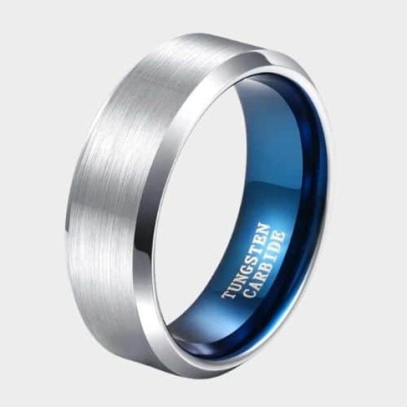 Suave – Men’s Tungsten Ring – Silver with Blue Interior Brushed and Polished Silver Tungsten Ring for Men 6mm 8mm