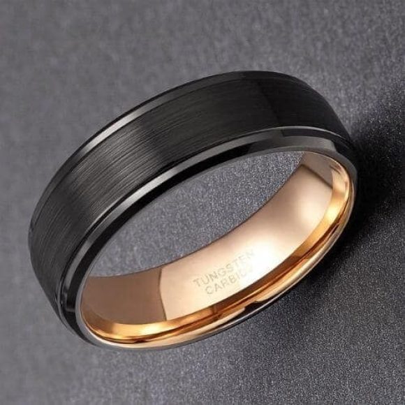 mens black ring brushed tungsten with rose gold inside modern style design
