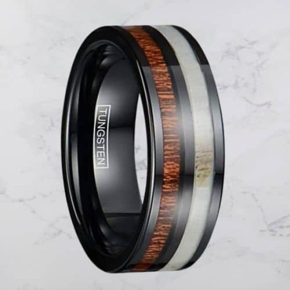 Tungsten Carbide Men's Ring - Black with Natural Wood and Antler