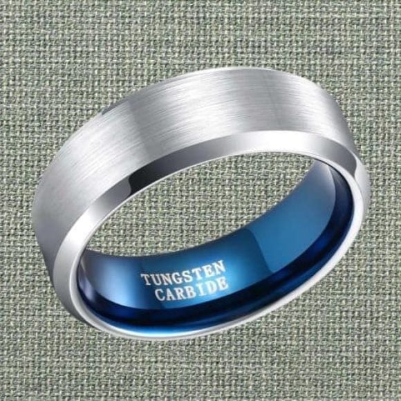 Suave – Men’s Tungsten Ring – Silver with Blue Interior Brushed Silver Ring for Men, Polished Edges, and Blue Inside comfort fit