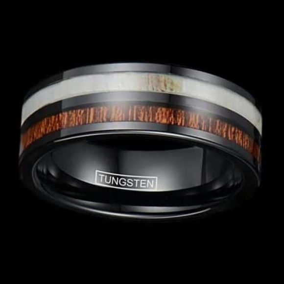Black and Brown Ring for Men - black tungsten, brown wood, and natural antler bone